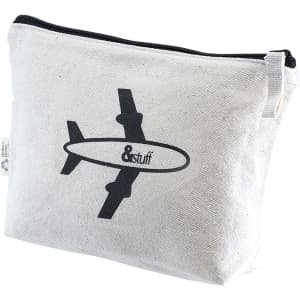 A white toiletry pouch with a zip closure and black logo design. Ideal for travel organisation.