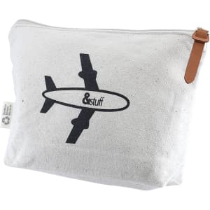 A cream toiletry pouch featuring a zipper and a logo, made from durable fabric. Ideal for travel accessories.