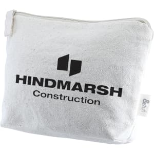 A white toiletry pouch with a zip closure, featuring a logo and black text on the front.