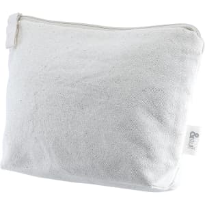 A white fabric travel pouch with a zip closure and a small logo tag. Compact size for toiletries or accessories.