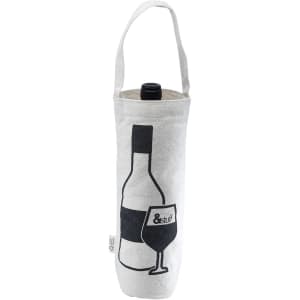A wine bag in natural colour with a bottle and glass design, featuring a handle and a logo. Measures 30cm x 16cm x 9cm.