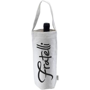 A drink bottle bag in white with a logo, designed for wine, featuring a convenient handle.