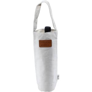 A calico wine bag in off-white, featuring a long handle and a logo, designed to hold a standard wine bottle.