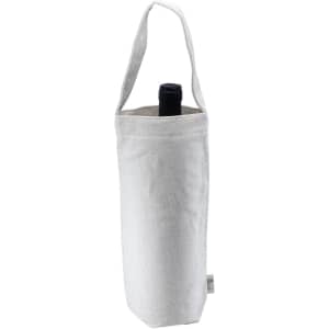 A drink bottle is inside a cream-coloured calico wine bag with a sturdy handle and a logo.
