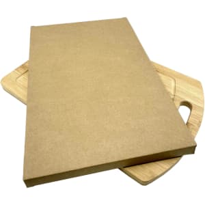 A wooden cheese board with a handle, topped with a flat, brown cover. The board features a natural wood finish.