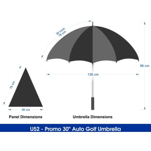 A black and grey auto golf umbrella with dimensions for the panels and umbrella displayed. Features a logo.