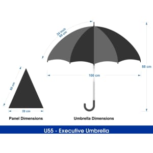 A black and grey 24-inch executive umbrella with dimensions and a triangular panel shown alongside.
