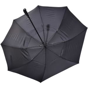 A black auto golf umbrella with a sturdy design and a curved handle. It features a logo on the canopy.