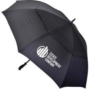 A large black auto golf umbrella featuring a logo, ideal for protection on the golf course.