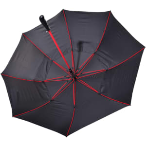 A black auto golf umbrella with red accents, displaying an inverted view showcasing its ribs and canopy.