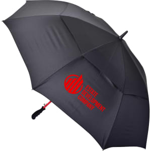 A black auto golf umbrella featuring a curved handle and a logo on one panel.