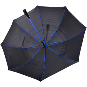 A black umbrella with blue accents, featuring a sturdy handle and an open design showcasing the inner canopy.