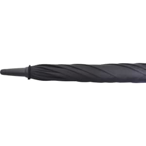 A black, twisted handle of the Deluxe 30 Auto Golf Umbrella with a sleek design and a logo.