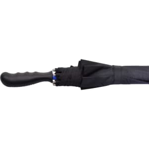 A black golf umbrella with a textured handle and a compact design, featuring a branding logo.