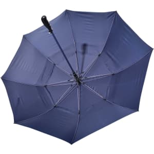A navy blue auto golf umbrella featuring a sturdy handle and multiple ribs for support, with a logo present.
