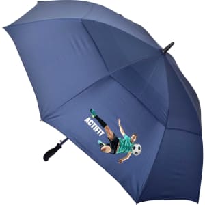 A navy blue golf umbrella featuring a player kicking a soccer ball and a logo.