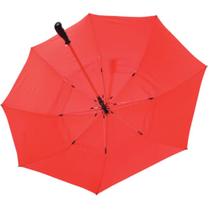 A red deluxe auto golf umbrella with a curved black handle and a sturdy frame. It features a logo on the canopy.