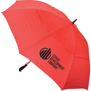 A red golf umbrella featuring a black logo, with a curved handle and a large canopy design.