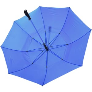 A blue Deluxe 30 auto golf umbrella with a sturdy handle and a compact design. Features a logo on the canopy.