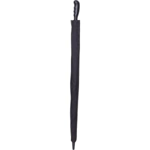 A black golf umbrella featuring a sleek handle and a compact design for easy carrying.