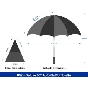 A black and grey Deluxe 30" Auto Golf Umbrella with dimensions displayed, featuring a logo on the handle.