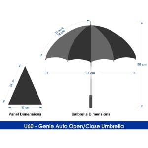 A black auto open/close umbrella with specified dimensions: 93 cm in diameter, 80 cm height, and a triangular panel.