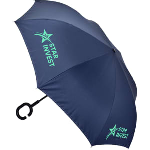 A navy umbrella with a C-shaped handle and a logo on the canopy.