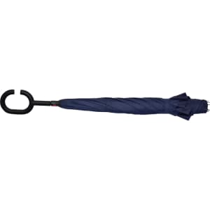 A navy blue inverted umbrella with a C-shaped handle, featuring a compact folded design and a logo on the handle.