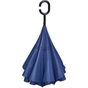 A navy blue inverted umbrella with a C-shaped handle, featuring a sleek design and a logo.