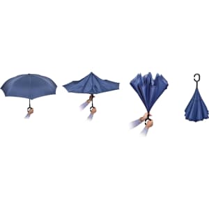 A navy blue inverter umbrella with a C handle, displayed in various stages of use and storage.