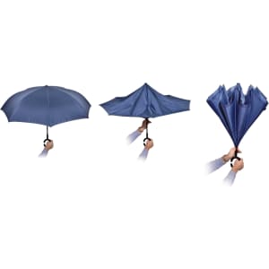An inverted umbrella with a J handle in navy blue, showing its unique design and functionality.