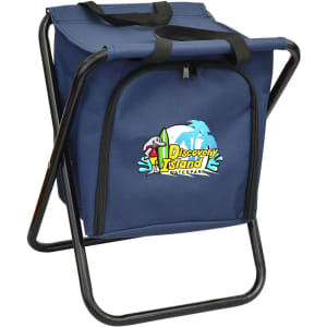 A navy blue cooler seat with a black handle, featuring a logo on the front. The seat has a sturdy metal frame.