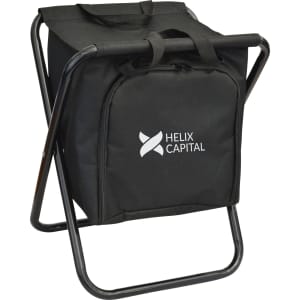 A black cooler seat with a sturdy frame and a front pocket. It features a logo on the front.