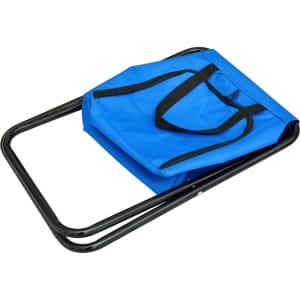 A blue cooler seat with a black handle, featuring a folding metal frame. It has a simple branding emblem.