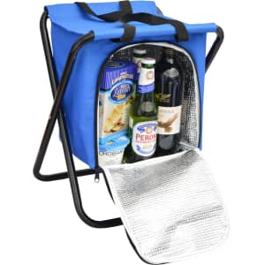 A blue cooler bag with a silver interior, containing several drink bottles and snacks, with a foldable frame.