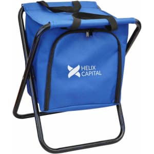 A blue cooler seat with a sturdy black frame, featuring a logo on the front.
