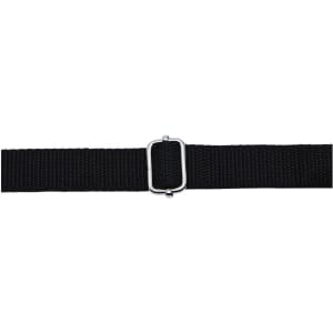 A black webbing strap with a silver buckle, suitable for various fastening purposes.
