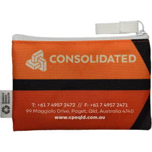 An orange and black pouch with a zip closure and a logo, made from rPET material.