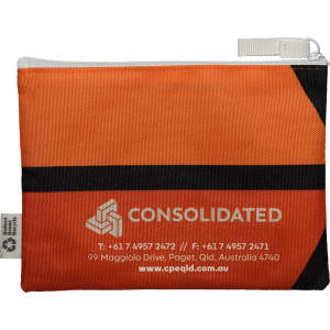 An orange pouch featuring a logo, with a zip closure, ideal for storing toiletries or small items.