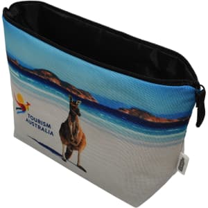 A toiletry bag featuring a scenic beach design with a kangaroo, primarily in blue and white tones, with a logo.