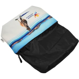 A toiletry/makeup bag featuring a colourful design with a kangaroo, black base, and a logo.