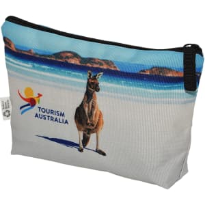 A toiletry/makeup bag featuring a kangaroo design against a beach background, with a logo. Predominantly blue and white.
