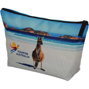 A toiletry bag featuring a kangaroo design with a blue and sandy background, and a logo printed on it.