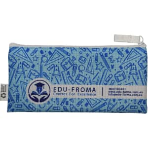A blue pencil case featuring various school-related graphics and a logo, zippered for closure.