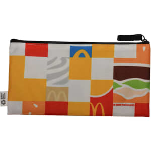 A zippered pouch featuring a colourful design with various food-themed graphics. It includes a logo.