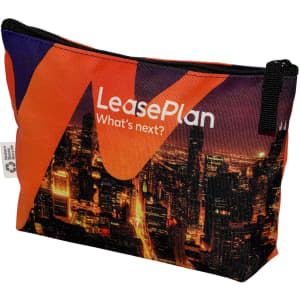 A vibrant orange and black toiletry pouch featuring a city skyline design and a logo. Includes a zip closure.