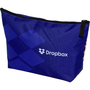 A blue pouch with a zip closure, featuring a logo and a geometric design.