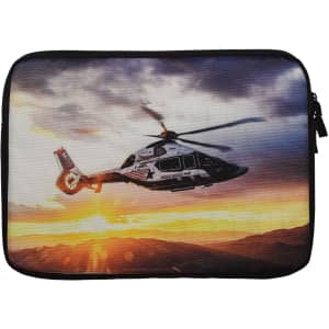 A laptop sleeve featuring a helicopter graphic with a sunset backdrop, predominantly in black and white.