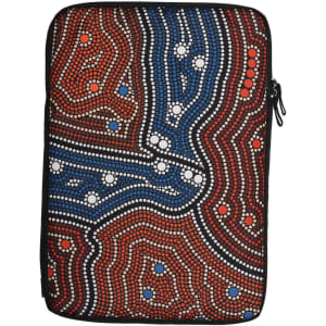 A laptop sleeve featuring a vibrant design in red, blue, and white dots, with a zip closure and a logo.
