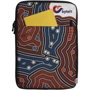 A laptop sleeve featuring a vibrant Aboriginal art design in red, blue, and black, with a yellow notebook in the front pocket.